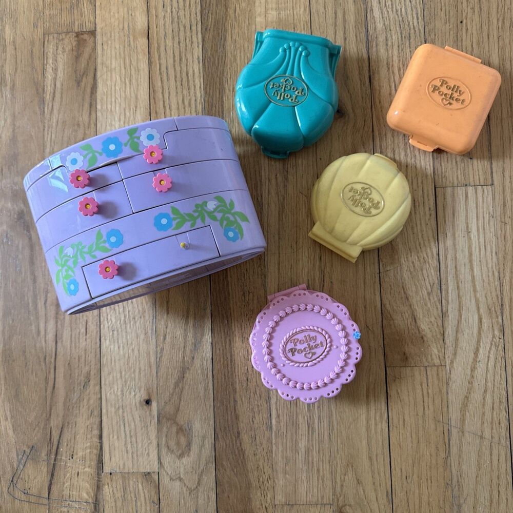 Vintage POLLY POCKET lot ~ 5 Playsets/Compacts 6 Dolls/baby Bluebird 1989-1995